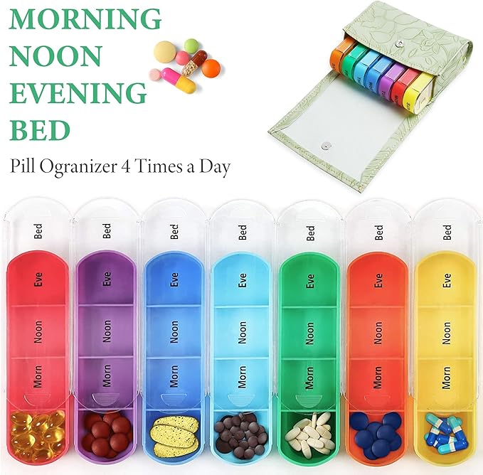 Pill Organizer,LIZIMANDU Weekly Travel Pill Case Box Medication Reminder Daily AM PM, Day Night 7 Compartments,for 4 Times A Day, 7 Days a Week-Includes Leather PU Carrying Case(1-Carved Green4)