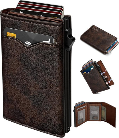 Wallet for Men,with Cash Pocket 2 ID Window 9-13 Cards,Metal Case Smart Slim Pop Up Credit Card Holder Flip with Magnetic Closure RFID Blocking Trifold wallet with Gift Box