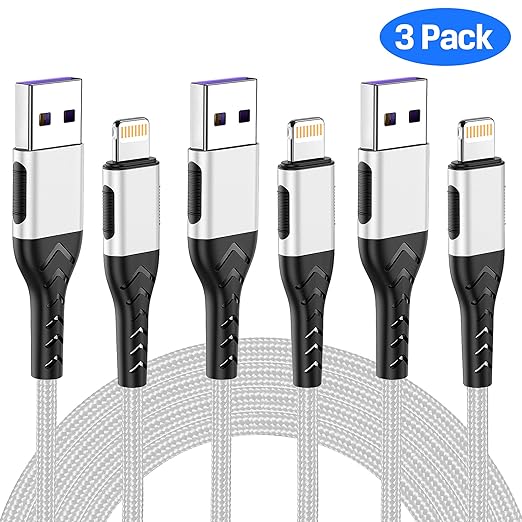 Durcord Compatible with iPhone Charger,3Pack 10FT USB A Cable for Phone Charger Cable, Fast Phone Charging Cord Compatible with Phone Xs Max/XS/XR/X/8/7/6S/6/Plus/SE/Pad(Bright Silver)