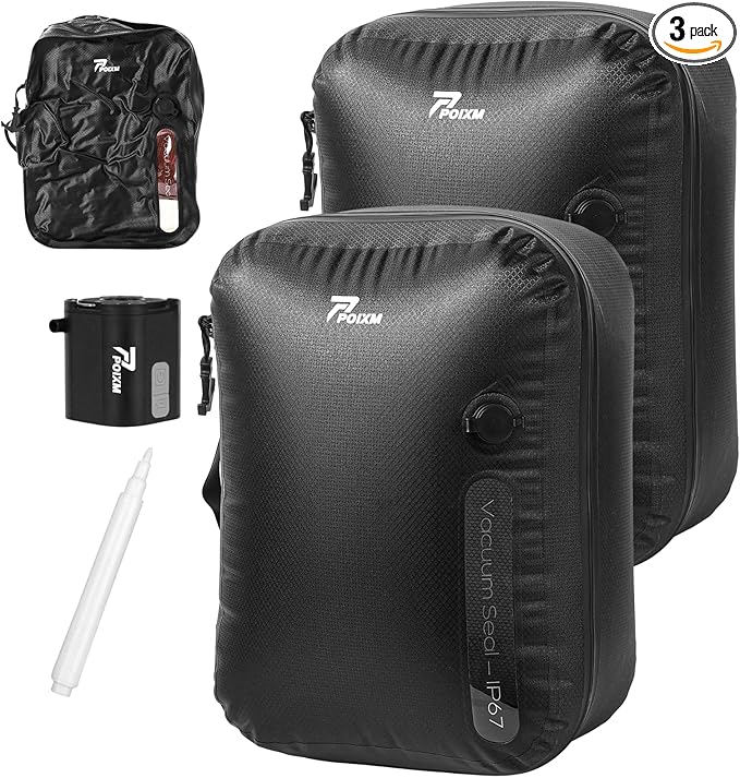 Vacuum Bags for Travel with Wireless Pump, 180° Open Zipper, IP67 Waterproof, Reusable Space Saver Compression Bags for Backpack, Suitcase, Home Storage(2 Pack + Pump)