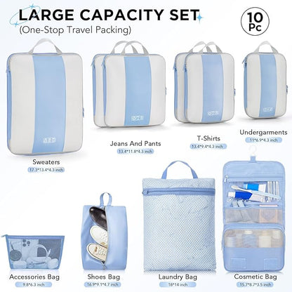 10 Set Compression Packing Cubes for Travel Essentials,Compressible Expandable Packing Cubes for Suitcase,OlarHike Luggage Organizer Bags for Travel,Handy Helper for Organizing Clothes(Light Blue)