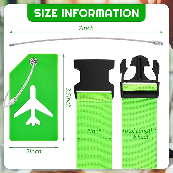 Weewooday 8 Pcs Luggage Straps Suitcase Tags Set for TSA Approved, 4 Travel Adjustable Suitcase Belt, 4 Silicone Luggage Tags with Name ID Card Travel Accessories(Fluorescent Green,Airplane)