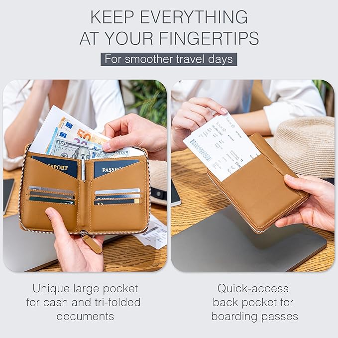 Full Grain Leather Passport Holder for 2 Passports - Dual Passport Holder and Travel Documents Organizer - RFID Travel Wallet for Couples - Camel