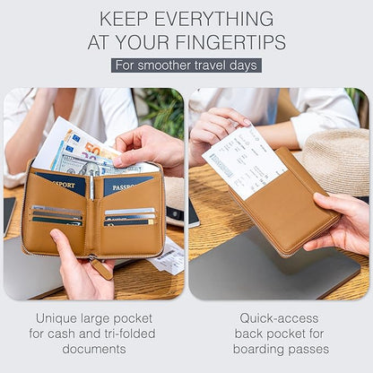 Full Grain Leather Passport Holder for 2 Passports - Dual Passport Holder and Travel Documents Organizer - RFID Travel Wallet for Couples - Camel