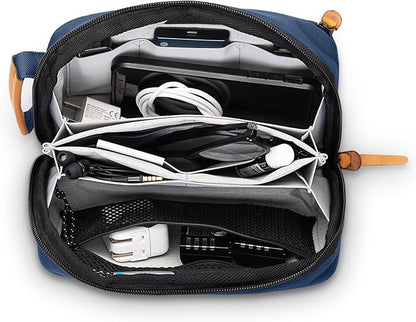 TRIPPED Travel Gear Tech Bag Organizer - Small Electronics Organizer Pouch for Travel - Premium Travel Case with Leather Accents - Mesh Pocket for Cables, Cords and Chargers (Navy)