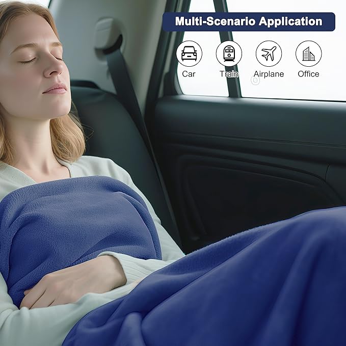 2-in-1 Convertible Travel Blanket & Pillow-Ultra Soft, Compact & Packable with Hand Luggage Sleeve and Backpack Clip for Flight & Car,Navy Blue