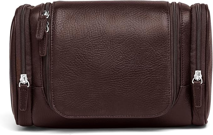 Leatherology Premium Espresso Small Hanging Toiletry Kit – Compact Leather Travel Organizer with Interior Zip Pockets, Mesh Pouches & Hanger | Full-Grain Leather Toiletry Bag for Men & Women