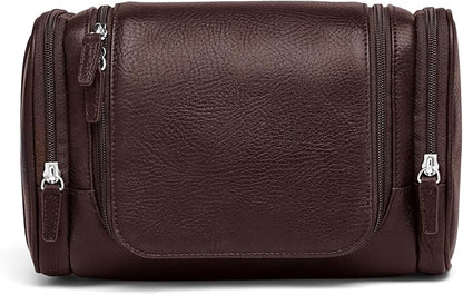 Leatherology Premium Espresso Small Hanging Toiletry Kit – Compact Leather Travel Organizer with Interior Zip Pockets, Mesh Pouches & Hanger | Full-Grain Leather Toiletry Bag for Men & Women