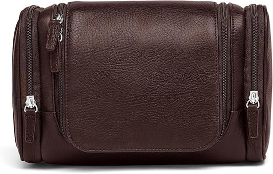 Leatherology Premium Espresso Small Hanging Toiletry Kit – Compact Leather Travel Organizer with Interior Zip Pockets, Mesh Pouches & Hanger | Full-Grain Leather Toiletry Bag for Men & Women