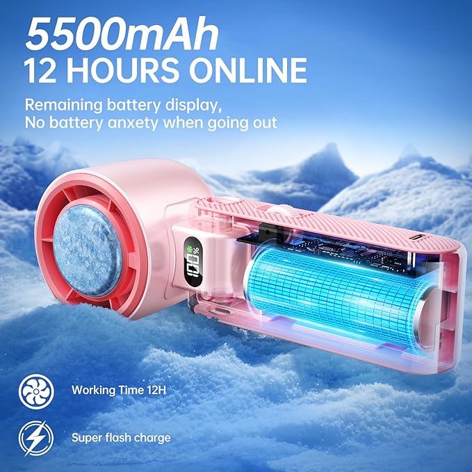 Handheld Portable Fan with Ice Cooler: 100-Speed 5500mAh Rechargeable Handheld Fan, 12H Time Hand Cooling Personal Fans with 20000 RPM Air Turbo Tech for Travel Outdoor (Pink)