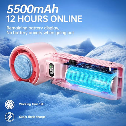 Handheld Portable Fan with Ice Cooler: 100-Speed 5500mAh Rechargeable Handheld Fan, 12H Time Hand Cooling Personal Fans with 20000 RPM Air Turbo Tech for Travel Outdoor (Pink)