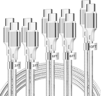 cugunu USB C to USB C Charger Cable, 5 Pack [3/3/6/6/10ft] Type C Fast Charging Cord High Data & Transfer Wire Compatible for iPhone 16/15/Pro/Plus/Pro Max iPad Pro Air 5 Samsung Galaxy(Silver)