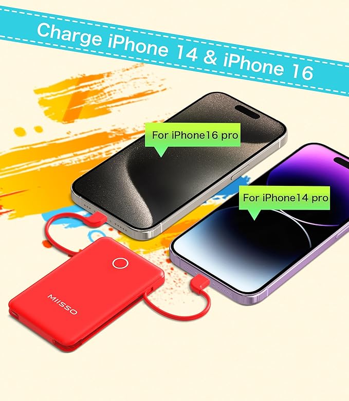 miisso 6000mah Ultra Slim Built in Cables Power Bank, Card Size Built in USB C Cords Battery Pack Portable Charger for Phones, 3 Output External Battery Pack Compatible with iPhone, Red