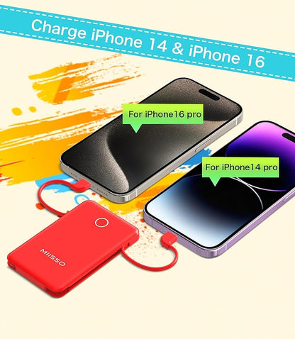 miisso 6000mah Ultra Slim Built in Cables Power Bank, Card Size Built in USB C Cords Battery Pack Portable Charger for Phones, 3 Output External Battery Pack Compatible with iPhone, Red