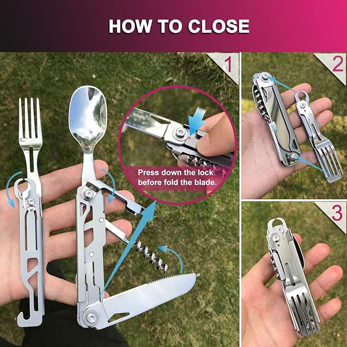 6 in 1 Detachable Camping Utensils Flatware Set, Multifunction Travel Pocket Cutlery Folding Spoon, Fork, Knife, Wine Bottle Can Opener Portable Combo Set Stainless Steel