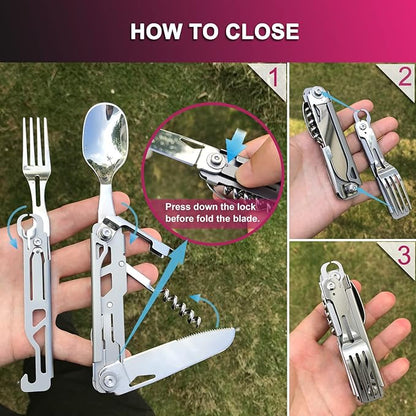 6 in 1 Detachable Camping Utensils Flatware Set, Multifunction Travel Pocket Cutlery Folding Spoon, Fork, Knife, Wine Bottle Can Opener Portable Combo Set Stainless Steel