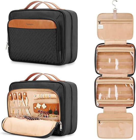 Travel Hanging Toiletry Bag for Women, Holds Full-Size Shampoo, with Jewelry Organizer Compartment, Extra Large Makeup Bag, Waterproof Cosmetic Bag, Toiletries Kit Set with Trolley Belt, Black