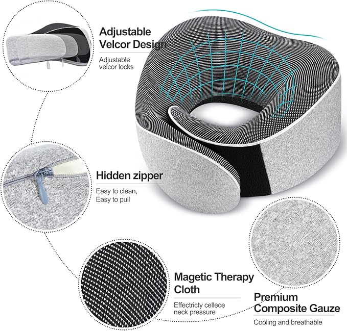 TALLGO Travel Pillow, Best Memory Foam Neck Pillow Head Support Soft Pillow for Sleeping Rest, Airplane Car & Home Use (1Grey)