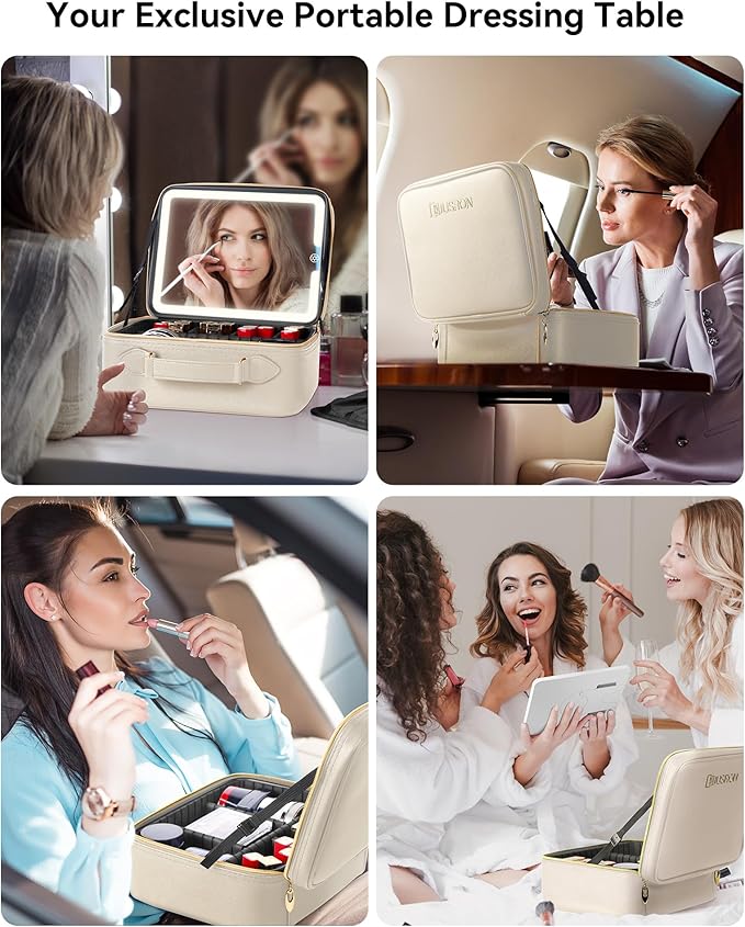 JUSRON Travel Makeup Bag With LED Mirror, Cosmetic Train Case with Light up Mirror, Portable Makeup Artist Organizer Bag with Adjustable Dividers, Makeup Brush Holder Storage (White, Large)