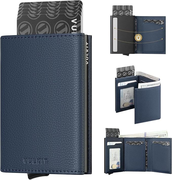 VULKIT Pop up Card Wallet Minimalist Cash Wallets RFID Blocking Leather Smart Credit Card Holder with ID window for Men