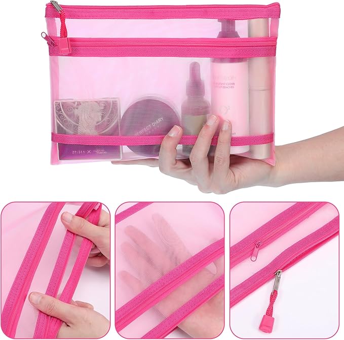 12 Pieces Zipper Nylon Mesh Pouch, Mesh Cosmetic Bags Makeup Bags Pencil Case, Multipurpose Travel Bags for Cosmetic School Office Supplies and Travel Accessories (2 Layers-Pink, A5)