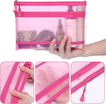 12 Pieces Zipper Nylon Mesh Pouch, Mesh Cosmetic Bags Makeup Bags Pencil Case, Multipurpose Travel Bags for Cosmetic School Office Supplies and Travel Accessories (2 Layers-Pink, A5)