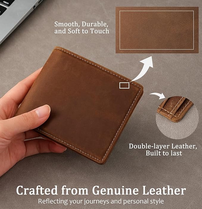 Mens Slim Bifold Wallet RFID Blocking | Genuine Leather Back/Front Pocket Design for Men | 6 Card Slots, 2 Cash Pockets & 1 ID Window | 4x3x0.7″ Thin Horizontal Wallets Christmas Gift Box