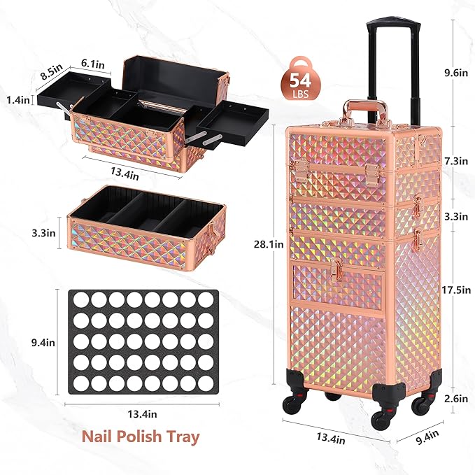 Makeup Train Case with Drawer, Rolling Makeup Case, Cosmetology Case on Wheels, Gift, Large Makeup Case Organizers, Professional for Salon Barber, Nail, Tattoo, Rose Gold