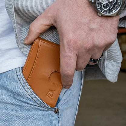 Kings Loot Money Clip Slim Minimalist Wallet for Men – RFID Blocking Leather Design with Money Clip – Front Pocket Bifold Holds 12 Cards – Stylish & Compact Wallets (Cognac)