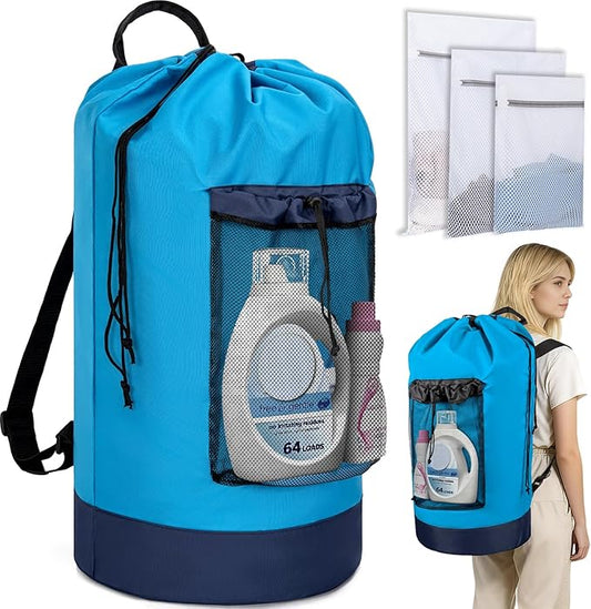 Laundry Bag Backpack with 3 Sizes Mesh Wash Bags and Shoulder Straps Foldable Clothes Hamper Bag with Drawstring Closure for College, Apartment, Laundromat (Blue)