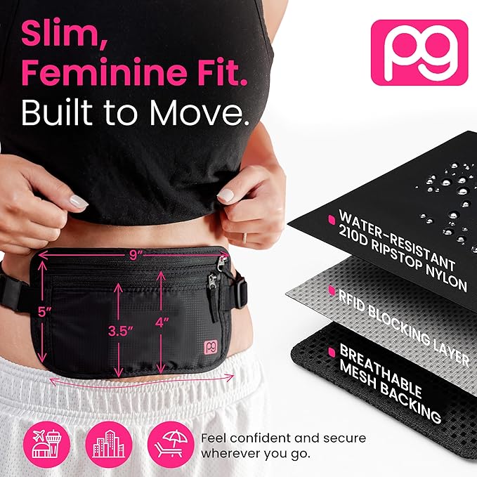 Peak Gear Women’s Money Belt - Hidden Travel Waist Pouch for Women | RFID Blocking, Slim Under-Clothes Passport Holder with PeakCharm Jewelry Pocket + 2 ReturnMe™ Recovery Tags