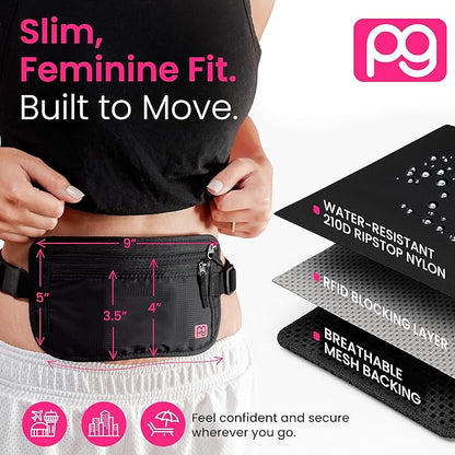Peak Gear Women’s Money Belt - Hidden Travel Waist Pouch for Women | RFID Blocking, Slim Under-Clothes Passport Holder with PeakCharm Jewelry Pocket + 2 ReturnMe™ Recovery Tags