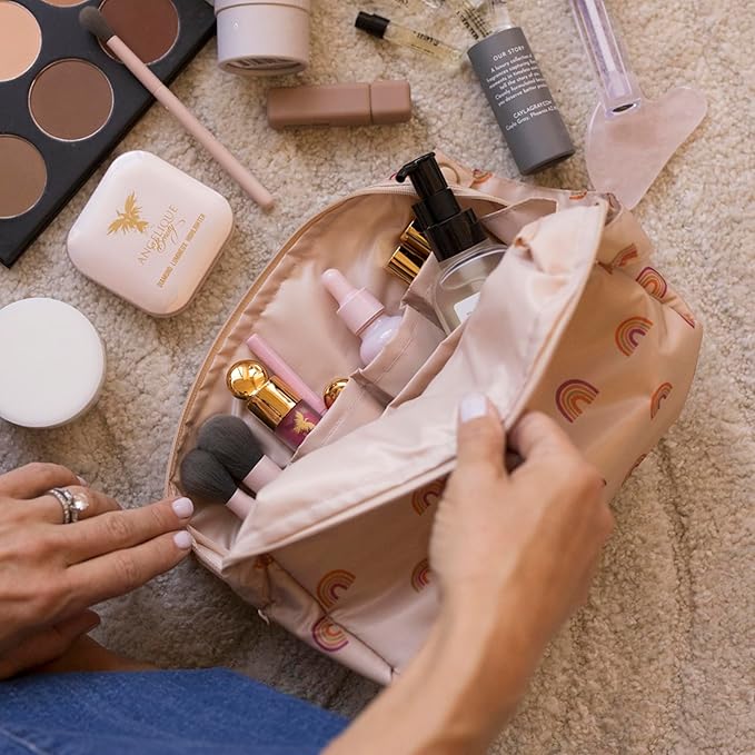 Tiny Twinkle Waterproof Travel Toiletry & Makeup Bag Organizer | Large Capacity Cosmetic Case with Compartments & Handle, A Thoughtful Travel Companion for Women（(Boho Rainbow)