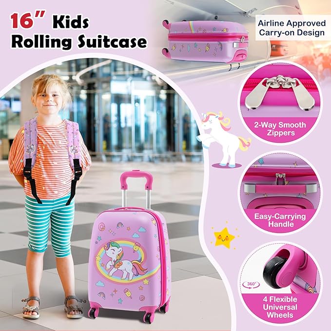 KOTEK Kids Luggage, 5 Piece Suitcase Set, 16” Hardside Spinner Luggage with Wheels, Toddler Carry on Luggage Airline Approved, Travel Rolling Suitcase for Boys Girls (Pink Owl)