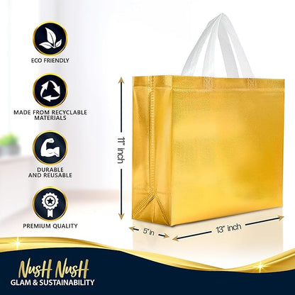 Nush Nush Mix Color Large Gift Bags Bulk - Set of 60 (20 of Each Color Rose Gold, Silver and Gold) Reusable Gift Bags With Handles - Ideal Goodie Bag for Christmas, Small Business, Events - 8X4X10