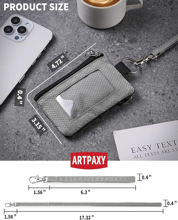 Minimalist Wallet For Mens Womens, Keychain RFID Blocking Zipper Small Wallet with ID Window 2 Lanyards,Water Resistant Travel Cash Card Coin Case Boys Girls