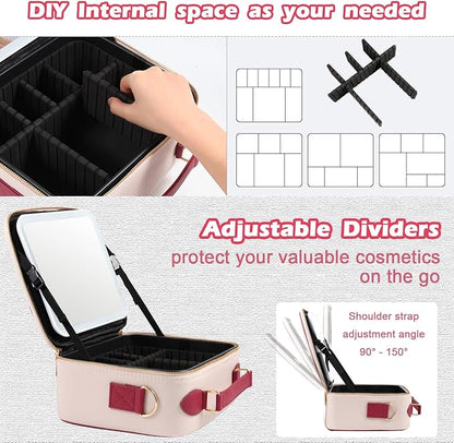 Travel Makeup Bag with Light Up Mirror, Portable Makeup Bag with Led Light Women Waterproof Makeup Travel Case adjustable dividers Rechargeable Vanity Mirror with 3 Color Lights (Pink)