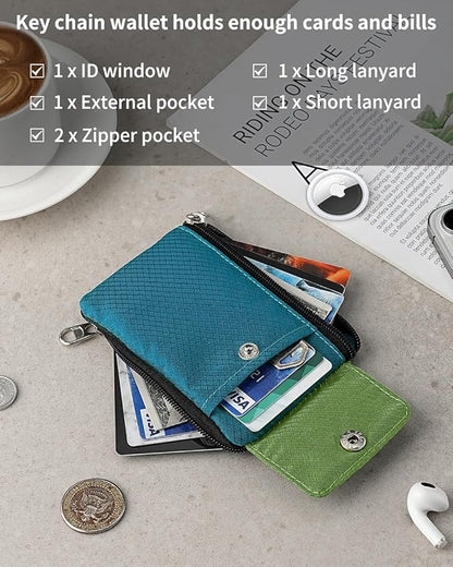 Minimalist Wallet For Mens Womens, Keychain RFID Blocking Zipper Small Wallet with ID Window 2 Lanyards,Water Resistant Travel Cash Card Coin Case Boys Girls