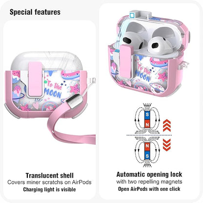 WENEW Case for AirPods 3 Case Cover Secure Lock Automatic Snap Switch Clip Cleaner Kit Lanyard Women Stylish Flower Armour Hard Shell Full Body Front LED Visible (Pink Space, AirPods 3rd)