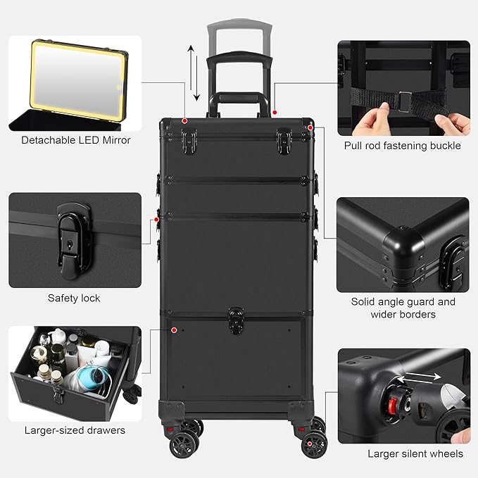 Makeup Train Case with LED Mirror, Rolling Makeup Case with Drawers, Cosmetology Case on Wheels, Gift, Travel Makeup Organizers, Profesional Cosmetic Case for Salon Barber,Nail,Tattoo, Black