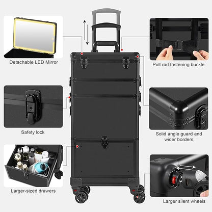 Makeup Train Case with LED Mirror, Rolling Makeup Case with Drawers, Cosmetology Case on Wheels, Gift, Travel Makeup Organizers, Profesional Cosmetic Case for Salon Barber,Nail,Tattoo, Black