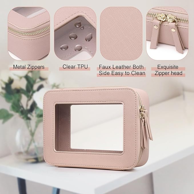 Pinkmik Clear Makeup Bag for Women Waterproof Travel Cosmetics and Toiletries Case Portable Makeup Oaganizer Bag Clear Car Bag with Zipper (Pink, M)