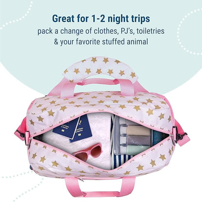 Wildkin Kids Overnighter Duffel Bag – Carry-On Size, Ideal for School & Sleepovers – Pink and Gold Stars