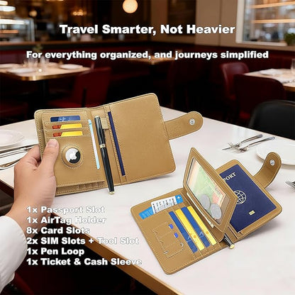 Passport Holder for Travel, RFID Blocking Leather Airtag Wallet for Women Men, Large Passport Cover Essentials Gift, Tickets, Cash, Photo, Sim Card Pen Slot - Apricot