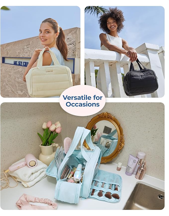 BAGSMART Travel Toiletry Bag, Crush Toiletry Bag for Women, Wide-open Puffy Toiletry Bags for Traveling, Large Travel Cosmetic Makeup Bag Organizer for Accessories,Toiletrie, Blue