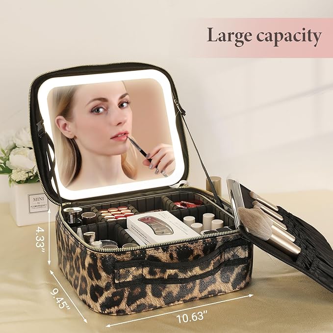 Travel Makeup Bag with LED Lighted Mirror, Cosmetic Makeup Organizer Bag with 3 Color Setting, Makeup Train Case with Adjustable Dividers for Women Makeup Brushes Jewelry Accessories