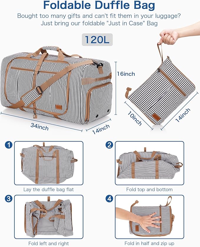 120L Travel Duffle Bag for Men and Women, Large Foldable Duffel Bag for Travel with Shoe Compartment Overnight Weekender Bag Gym Bag Water & Tear Resistant (Stripe, 120L)