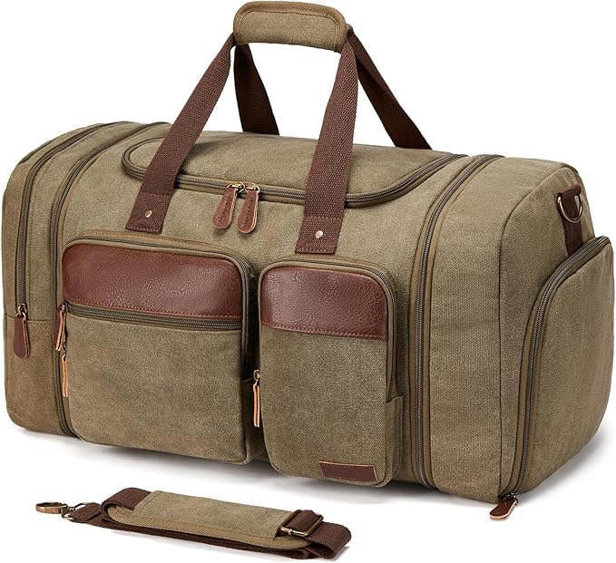 Canvas Duffle Bag for Travel 50L Expandable Travel Duffel Bags for Men Women Overnight Weekend Gym Bag with Shoes Compartment - Brown