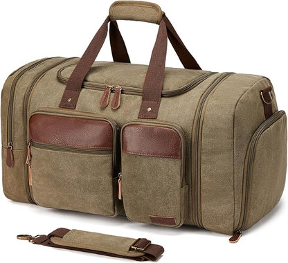 Canvas Duffle Bag for Travel 50L Expandable Travel Duffel Bags for Men Women Overnight Weekend Gym Bag with Shoes Compartment - Brown