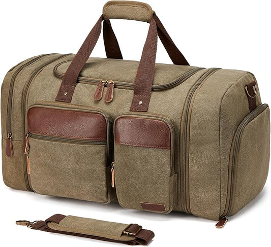 Canvas Duffle Bag for Travel 50L Expandable Travel Duffel Bags for Men Women Overnight Weekend Gym Bag with Shoes Compartment - Brown